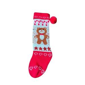 Vintage Style Knit Holiday Stocking With Teddy Bear Candy Cane Pom Pom Christmas